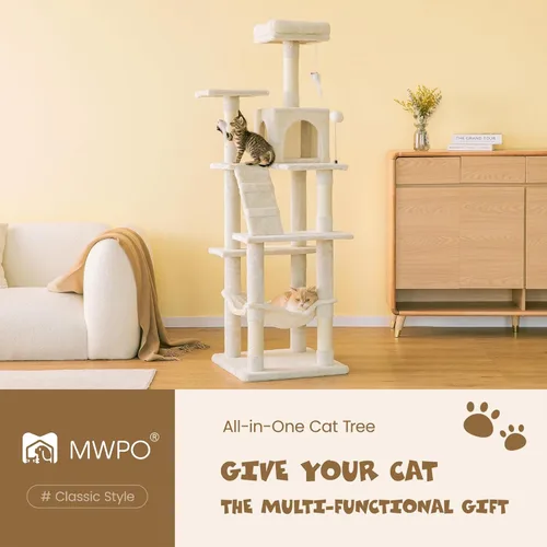 Miniatura 2 de MWPO - Árbol para gatos, multiestructura para gatos grandes con postes rascadores de sisal, plataforma acolchada, hamaca y condominio, torre Beige
