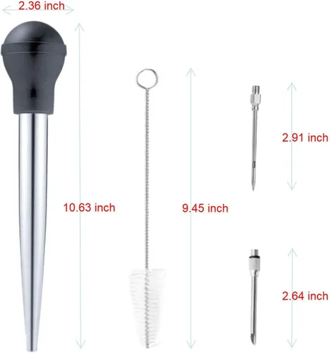 Miniatura 3 de Baster - Jeringa de acero inoxidable para pavos con cepillo de limpieza e inyector de adobo, color negro