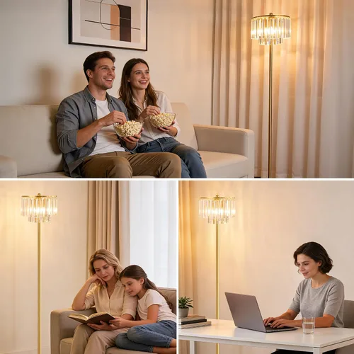 Miniatura 8 de QiMH Lámparas de pie para sala de estar, lámpara de pie dorada con interruptor de pie de encendido/apagado, lámpara de pie con pantalla de barras