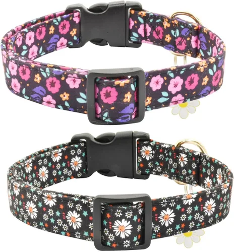 Miniatura 6 de 2 collares de algodón suave para perro, 3 tamaños, de nailon suave, ajustable, para hembras, perros pequeños, medianos y grandes (flor-4, M