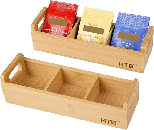 Miniatura 12 de HTB Caja Pequeña de Bolsitas de Té de Madera, 3 Compartimentos, Cofre de Bolsitas de Té de Madera de Acacia con Asa, Mini Contenedor