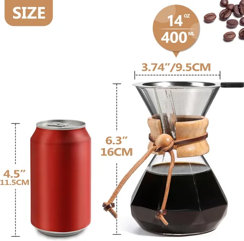Miniatura 3 de Cafetera de Goteo 14 OZ, 4 Tazas Cafetera de Vidrio de Borosilicato con Filtro de Acero Inoxidable Reutilizable y Empuñadura de Corcho para Café