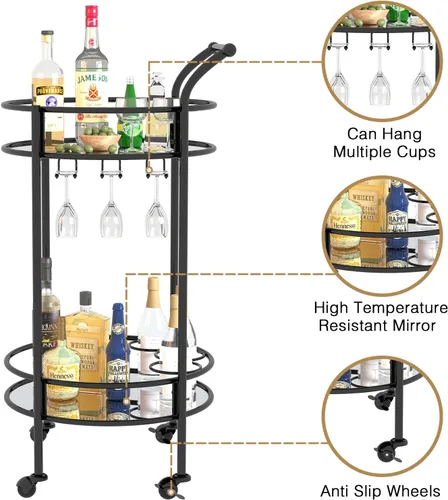 Miniatura 5 de Carrito redondo negro con 2 estantes de espejo, estante para vino y ruedas con cerradura, adecuado para cocina del hogar, club, sala de estar