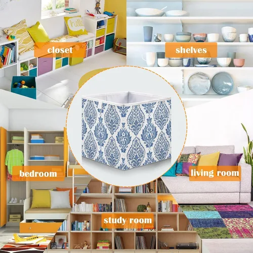 Miniatura 6 de Kigai Cubos de almacenamiento plegables de tela de 11 x 11 pulgadas con patrón de damasco azul y blanco, cajas plegables para organizar el hogar