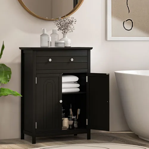 Miniatura 2 de Tangkula Armario de piso de baño, gabinete de almacenamiento de madera independiente con cajón grande y 2 puertas, estante ajustable de 3 alturas