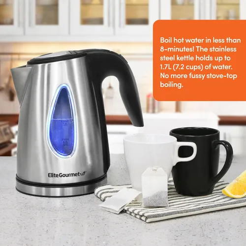 Miniatura 6 de Elite Gourmet EKT-1271 Ultimate - Hervidor eléctrico de 1.7 litros, diseño de acero inoxidable y base inalámbrica de 360°, elegante interior LED