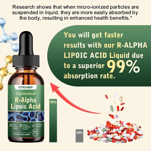 Miniatura 7 de 2 gotas líquidas R de ácido alfa lipoico de 600 mg – Suplemento ALA salvador de nervios para neuropatía para nervios, energía y apoyo al metabolismo
