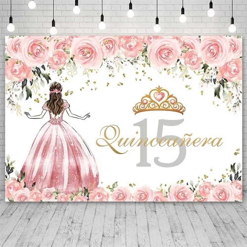 Miniatura 8 de Sendy Telón de fondo de quinceañera de 15 cumpleaños para niñas, vestido azul, corona de princesa, fondo de fotografía, flores azules y zapatos