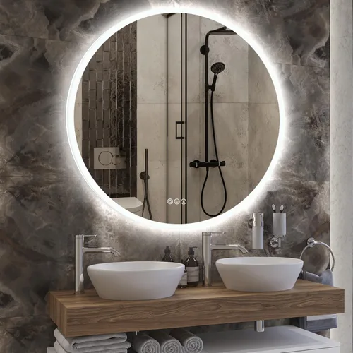 S·BAGNO - Espejo de baño redondo de 32 luces con marco acrílico, espejo de baño LED de tocador montado en la pared, atenuación, cambio de color,