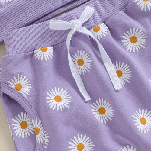 Miniatura 4 de Conjunto de 3 piezas de sudadera de margaritas + pantalones + diadema, ropa infantil de otoño e invierno