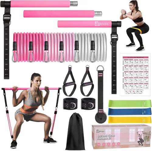 Kit de barra de pilates Bbtops con bandas de resistencia, barra de pilates con bandas apilables, equipo de entrenamiento para piernas, cadera, Rosa