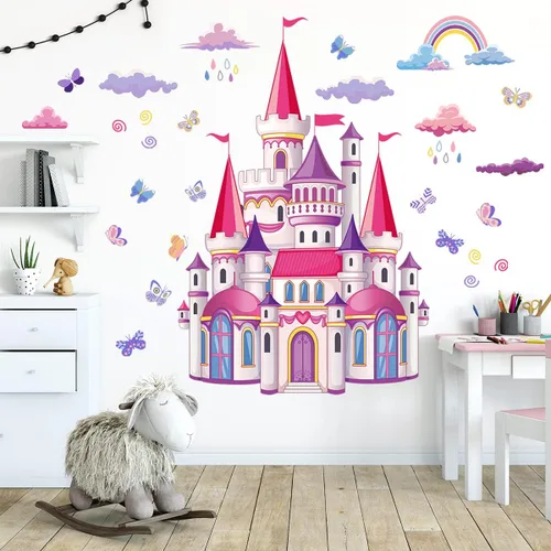Miniatura 6 de Calcomanías de pared de castillo, arco iris, nube, cuento de hadas, calcomanías de pared para dormitorio de niñas, sala de estar, guardería
