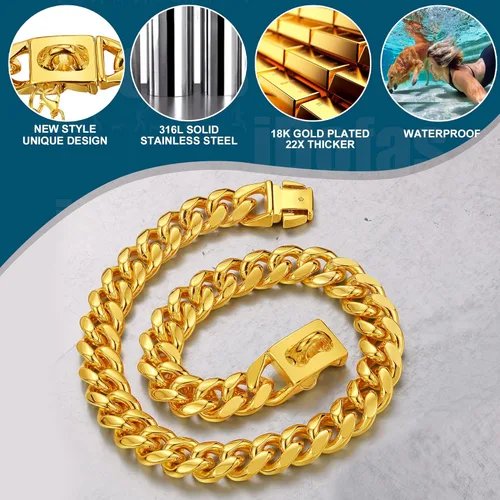 Miniatura 4 de Collares de cadena para perro, collar de eslabones cubanos con hebilla con campana y placa para perro, acero inoxidable, 0.394 pulgadas, collar