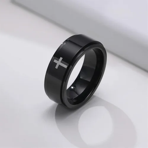 Miniatura 5 de Ropartman Anillo giratorio de acero inoxidable para hombres, anillos plateados y negros para la ansiedad, anillo de cruz de oración para aliviar