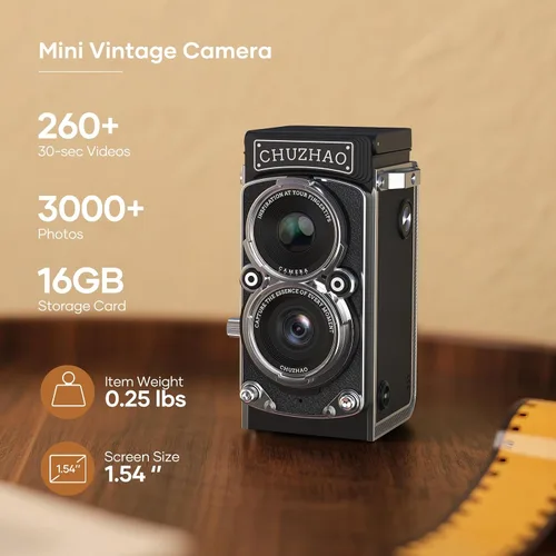 Miniatura 5 de Mini cámara digital vintage, cámara digital portátil retro de doble lente estilo reflejo con tarjeta de 16 GB, fotos de 12 MP