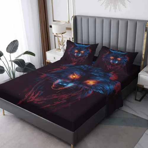 Miniatura 7 de Sábanas de lobo tamaño individual, sábanas de luna de lobo, sábanas y fundas de almohada estampadas de 3 piezas, sábana bajera ajustable