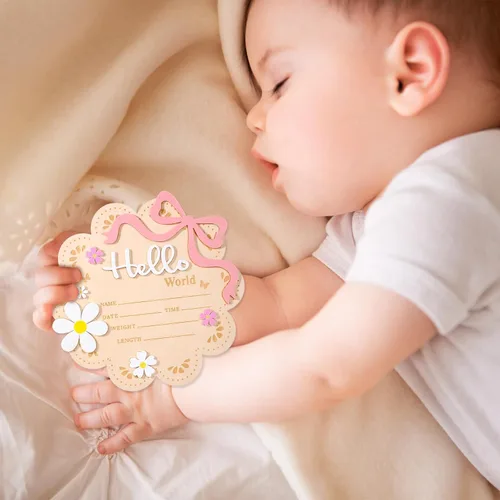 Miniatura 6 de Letrero de anuncio de madera para recién nacido, Butterfly Daisy Hello World Board, letreros de bienvenida para recién nacidos con decoraciones