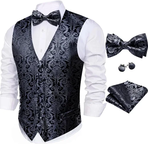 Miniatura 79 de Barry.Wang Conjunto de chaleco de pajarita para hombre, chaleco con cuello en V de seda jacquard de cachemira, gemelos de pañuelo formal/ocio, boda