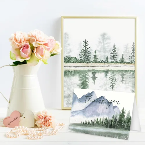 Miniatura 5 de AnyDesign Paquete de 36 tarjetas de agradecimiento de bosque de acuarela, montañas, paisaje, con sobres, calcomanías de bosque de montaña, tarjeta