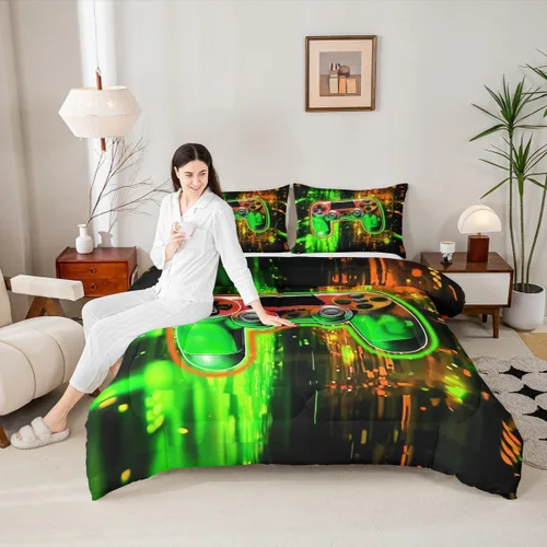 Miniatura 8 de Manfei Juego de edredón moderno de 2 piezas con estampado de consola de videojuegos de panal azul con 1 funda de almohada, juego de ropa de cama