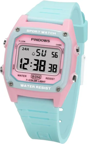 PINDOWS Relojes para mujer, 164.0 ft, impermeables, para exteriores, relojes deportivos digitales multifunción, calendario LED de siete colores, con
