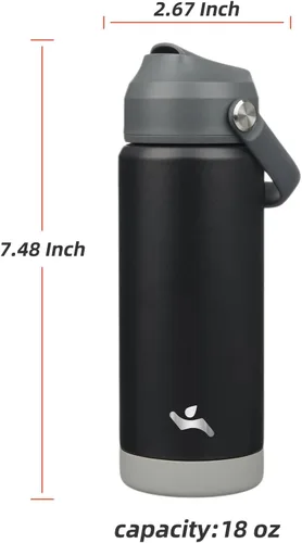 Miniatura 2 de Konokyo Botella de agua aislada con tapa de pajilla, botella de metal al vacío de acero inoxidable de 18 onzas con mango de silicona, color negro