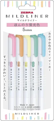 ZEBRA WKT7-5C-N Resaltador, Mildliner, colores fluorescentes débiles, 5 colores