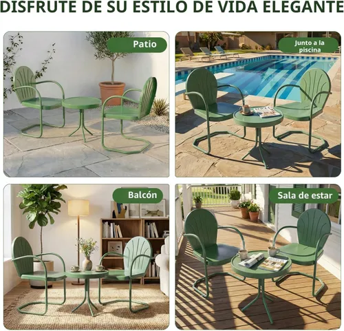 Miniatura 3 de Patio Bistro - Juego de asientos de metal retro para exteriores, juego de conversación de 3 piezas, 2 sillones de movimiento con resorte en C y mesa