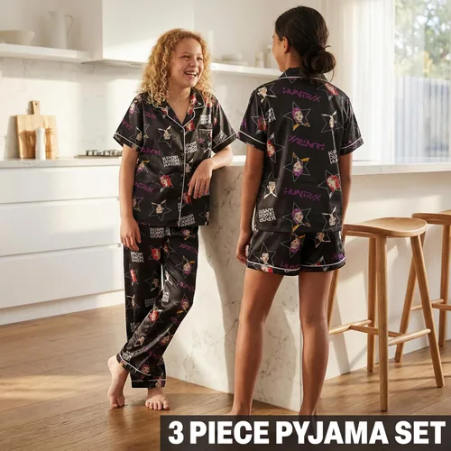 Miniatura 3 de Get Trend KPop Demon Hunters - Pijamas para niñas, con licencia oficial, conjunto de pijama Huntrix de 3 piezas con pantalones y pantalones cortos