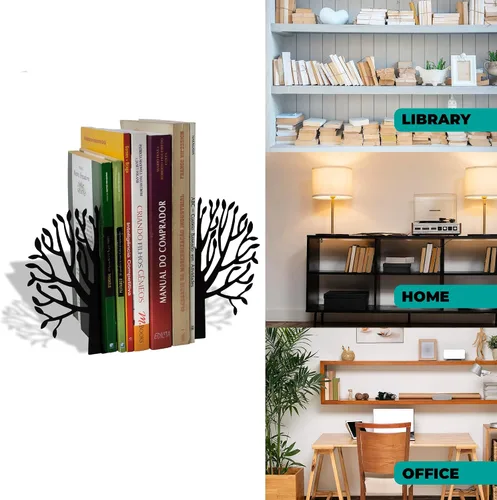 Miniatura 4 de Sujetalibros de árbol con silueta inspirada en la naturaleza, acero con revestimiento epoxi negro mate, par decorativo de soportes para libros