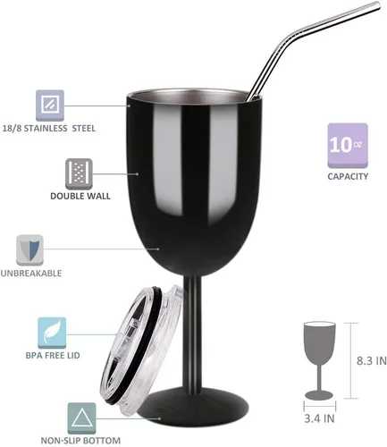 Miniatura 2 de AMZUShome Copas de vino de acero inoxidable (paquete de 2). Vaso de vino de doble pared aislado al vacío con tapa y pajita. Amistad, Navidad, Negro