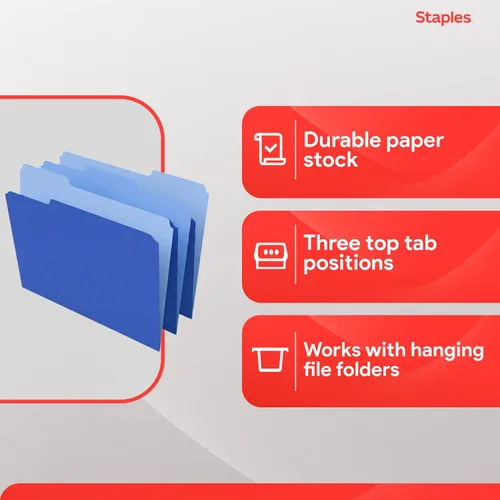 Miniatura 4 de Staples Carpetas de archivos, tamaño carta, pestañas superiores de corte 1/3, azul, papel duradero de 10.5 puntos, paquete de 100