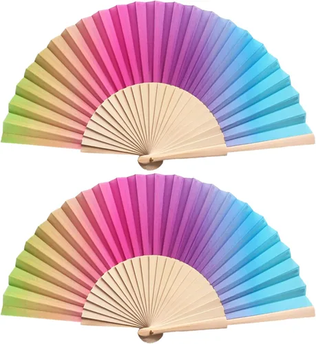 Miniatura 9 de Chuangdi Paquete de 2 abanicos de mano plegables de tela chinos de 8.27 pulgadas, ventiladores japoneses portátiles con bolsas con cordón
