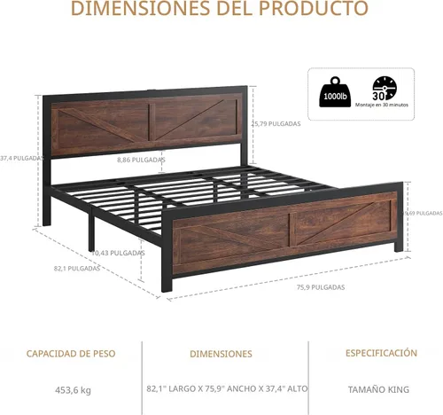 Miniatura 2 de DOGIBIXO Marco de cama tamaño completo con luces LED y carga USB, marco de cama de plataforma industrial con cabecera de puerta de granero