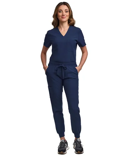 Green Town - Conjunto de ropa quirúrgica para mujer, pantalón jogger y blusa con cuello en V, 5 bolsillos, banda de yoga, uniforme de enfermería,