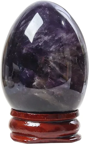Miniatura 14 de Fekuar Figura de huevo de piedra, cristal curativo pulido, escultura de esfera con soporte de madera, obsidiana negra natural, 1.8 pulgadas
