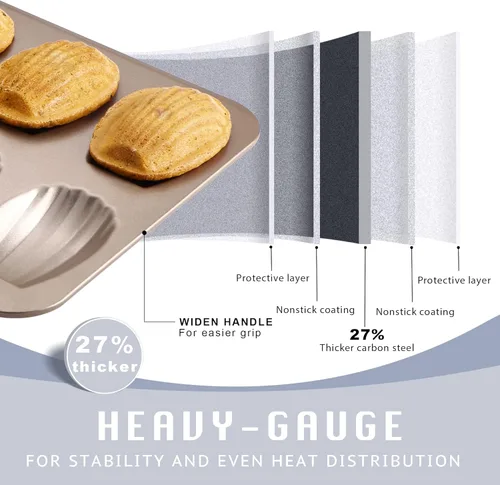 Miniatura 5 de HONGBAKE Molde de Madeleine antiadherente, paquete de 2 bandejas de galletas de madeleine resistentes de 12 cavidades para hornear en el horno, Oro