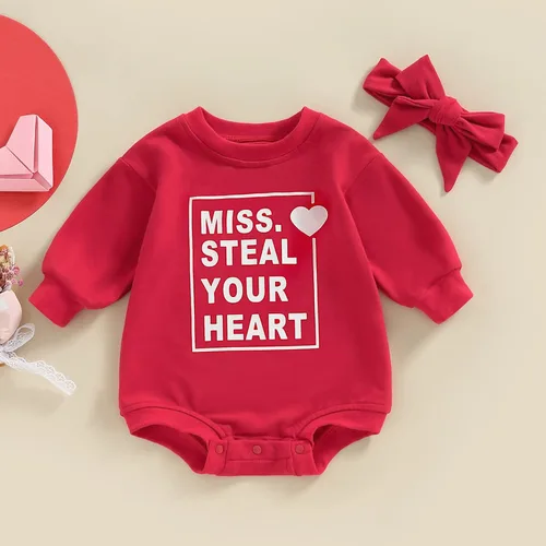 Miniatura 10 de Traje de bebé niña para el primer día de San Valentín, mameluco de burbujas con cuello redondo, sudadera linda para primavera y otoño