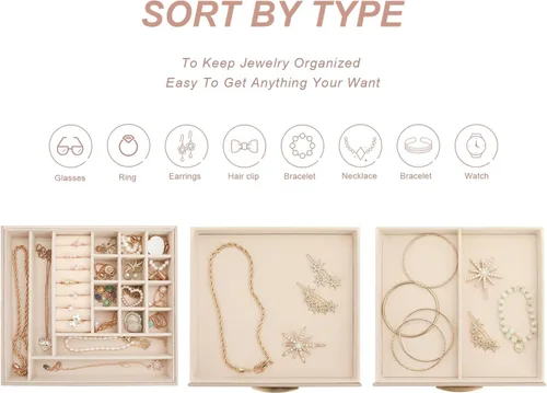 Miniatura 5 de Caja organizadora de joyas, organizador de joyas de 3 capas con 2 cajones, cajas de joyería para exhibir aretes, collar, reloj, pulsera y anillos