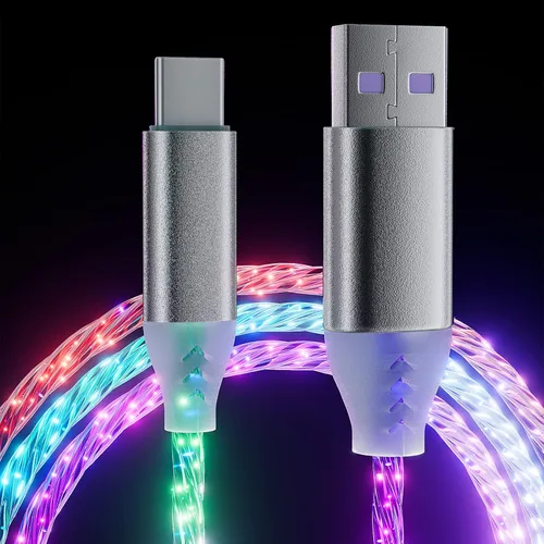 Cable tipo C de 6.6 pies/2m con luz LED, cargador visible con 7 colores RGB que cambian gradualmente, brillando, carga rápida de 3A, cable de
