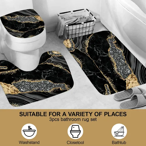 Miniatura 4 de Juego de 4 piezas de cortinas de ducha de mármol, juegos de baño modernos con cortinas de ducha, alfombra para tapa de inodoro, tapete de contorno