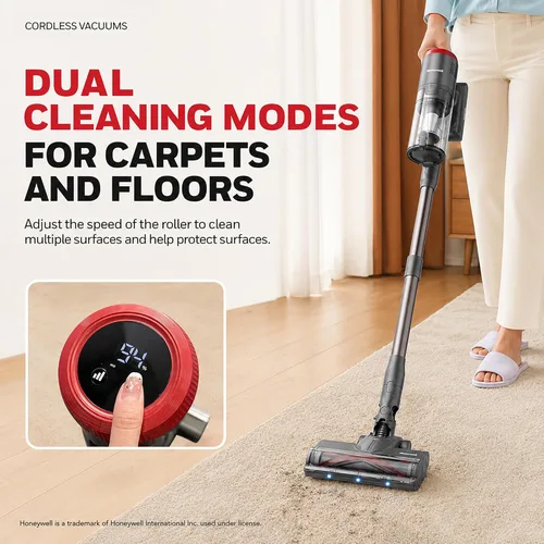 Miniatura 4 de Honeywell Aspiradora inalámbrica de modo dual, aspiradora de palo sin escobillas para alfombras y suelos duros con potente succión, de pie