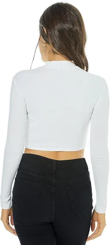 Miniatura 7 de LONGBIDA Camiseta corta de manga larga con cuello alto falso para mujer, suave, delgada, sexy, elástica