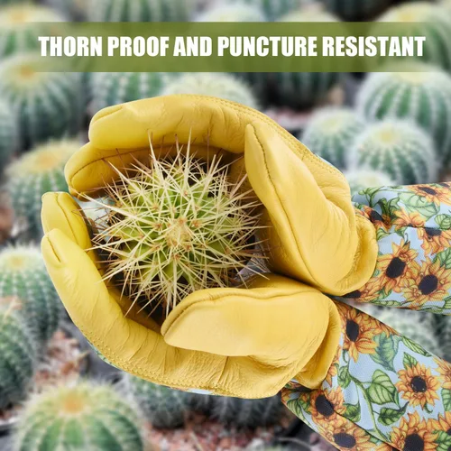 Miniatura 3 de Guantes largos de jardinería para mujeres, a prueba de espinas, guantes de cuero de vaquilla para poda de rosas, para cactus, rosas y moras azul M