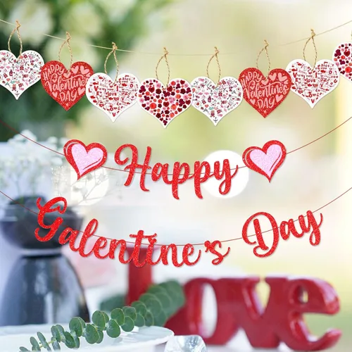 Miniatura 3 de Cartel de Feliz Día de Galentinos con purpurina roja, decoraciones de papel de fieltro, guirnalda de corazón, accesorios de fotos para decoración