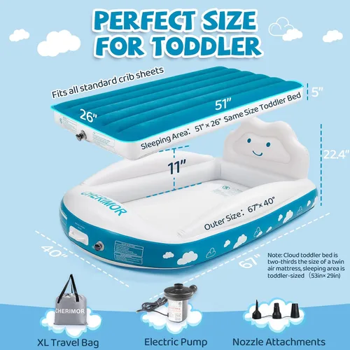 Miniatura 2 de CHERIMOR Cama inflable de viaje para niños pequeños, cama portátil para niños pequeños con parachoques de seguridad de 4 lados y bomba de inflado