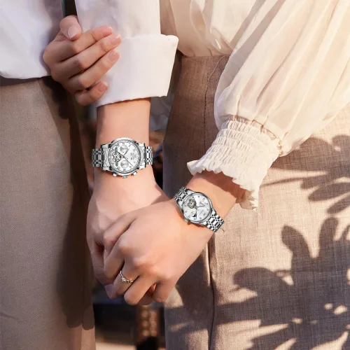 Miniatura 3 de OLEVS Relojes de pareja para hombres y mujeres, reloj automático para él y ella, tono de remolque, de acero inoxidable, impermeable, luminoso