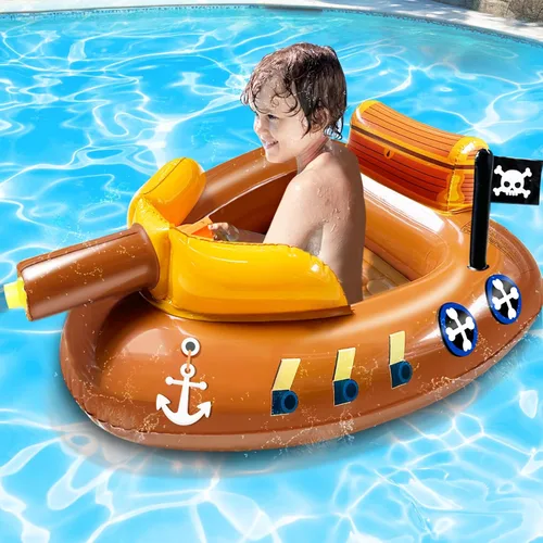 Flotadores inflables de piscina de barco pirata para niños de 3 a 11 años con cañón de agua, juguetes de piscina, flotadores de fiesta para niños y