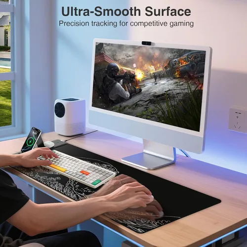 Miniatura 5 de Wireless Charging Mouse Pad with Foldable Phone Holder, 31.5"x15.8" Large Desk Mat for Laptop/Keyboard, Waterproof Ultra-Smooth Surface, Non-Slip