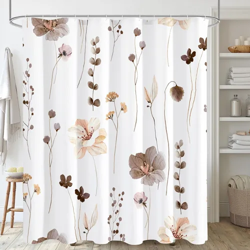 Gibelle Cortina de ducha con diseño floral de acuarela, cortina de ducha de flores marrón beige para baño, juego de cortina de ducha moderna